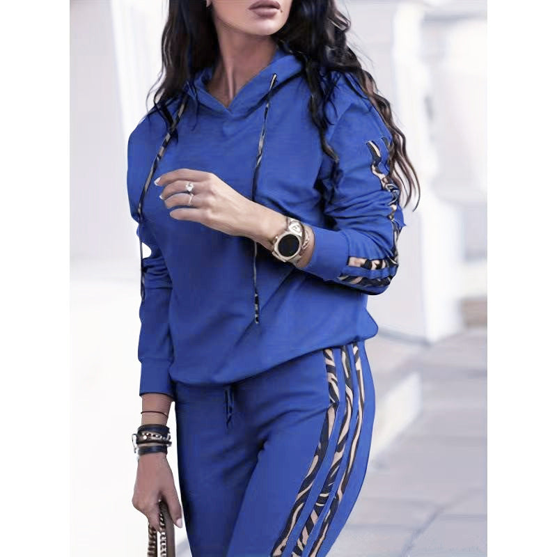 Solid Color Striped Casual Hoodie Two-piece Set