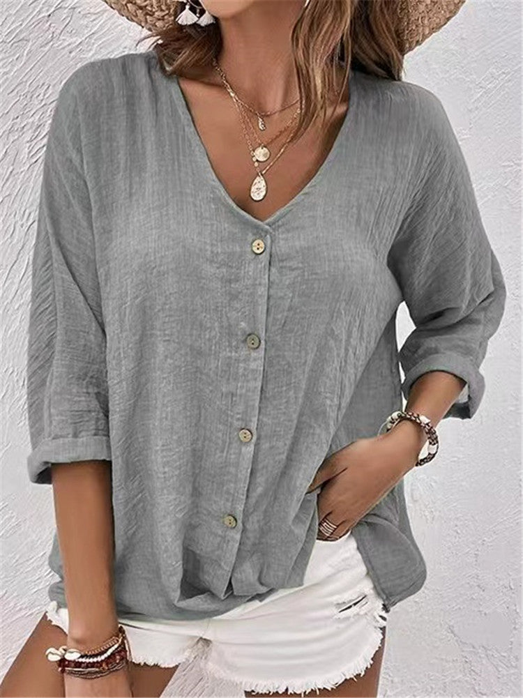 V-neck Long-sleeved T-shirt Fashion Solid Color Button Top Casual Loose