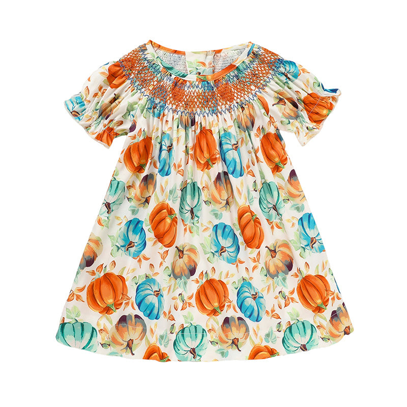 Toddler Baby Girl Pumpkin Smocked Dress Fall Thanksgiving Halloween Embroidered Princess Party Dresses Kids Fall Outfits Clothes