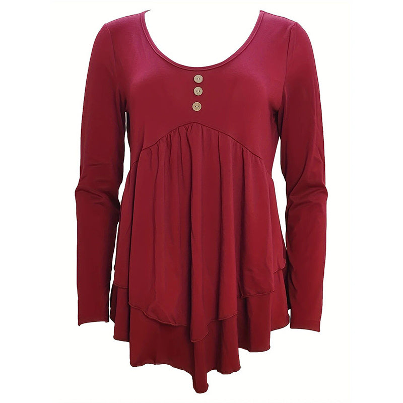 Womens Casual Long Sleeve T-Shirt Solid Color Round Neck Layered Button Front Tunic Tops