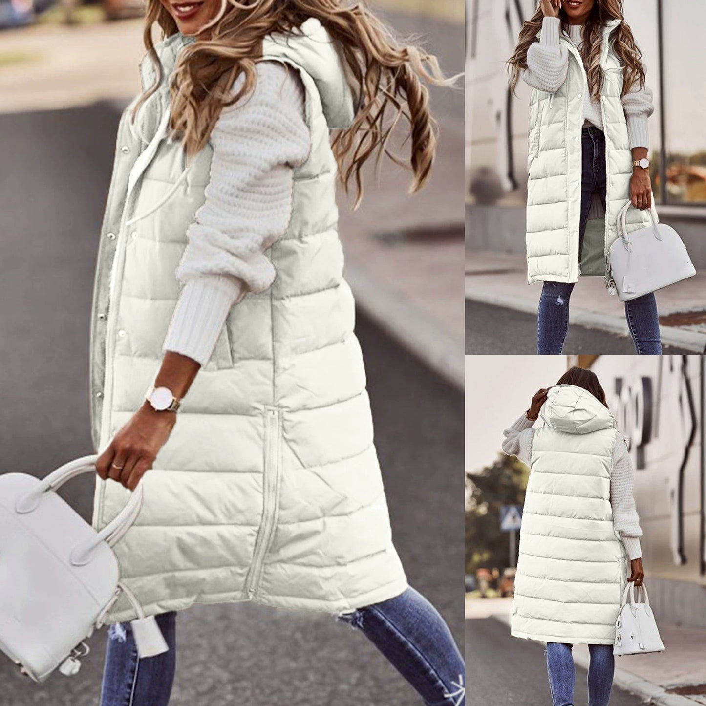 Solid Color Hooded Mid-length Cotton Vest  Cardigan Coat
