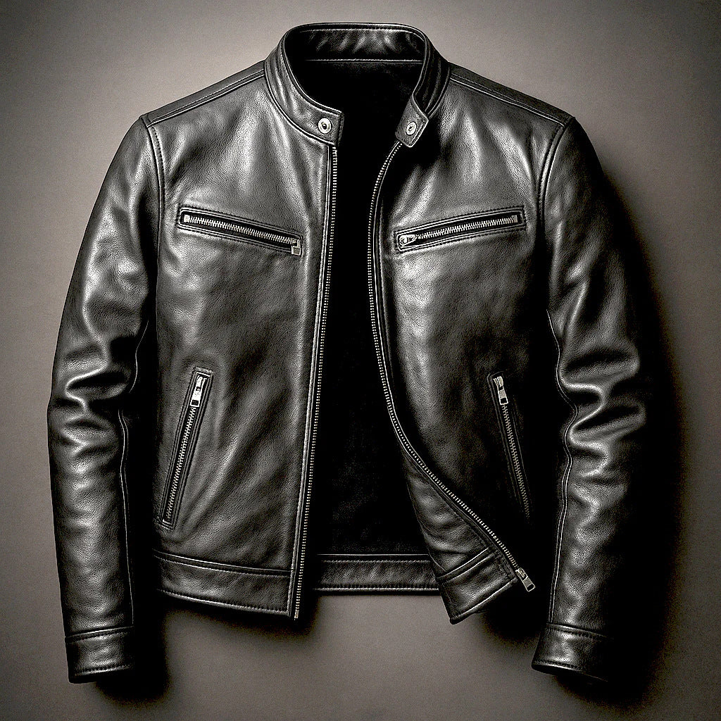 Leather Motorcycle Jacket With A Stand-Up Collar