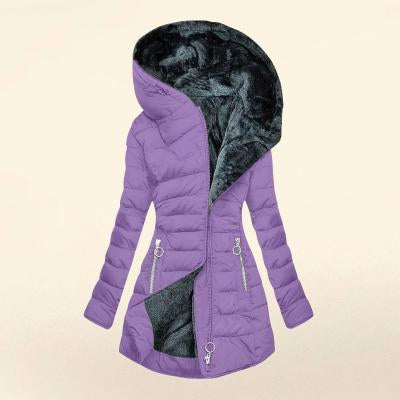 Plush Hooded Mid-length , Zipper Cotton-padded Coat
