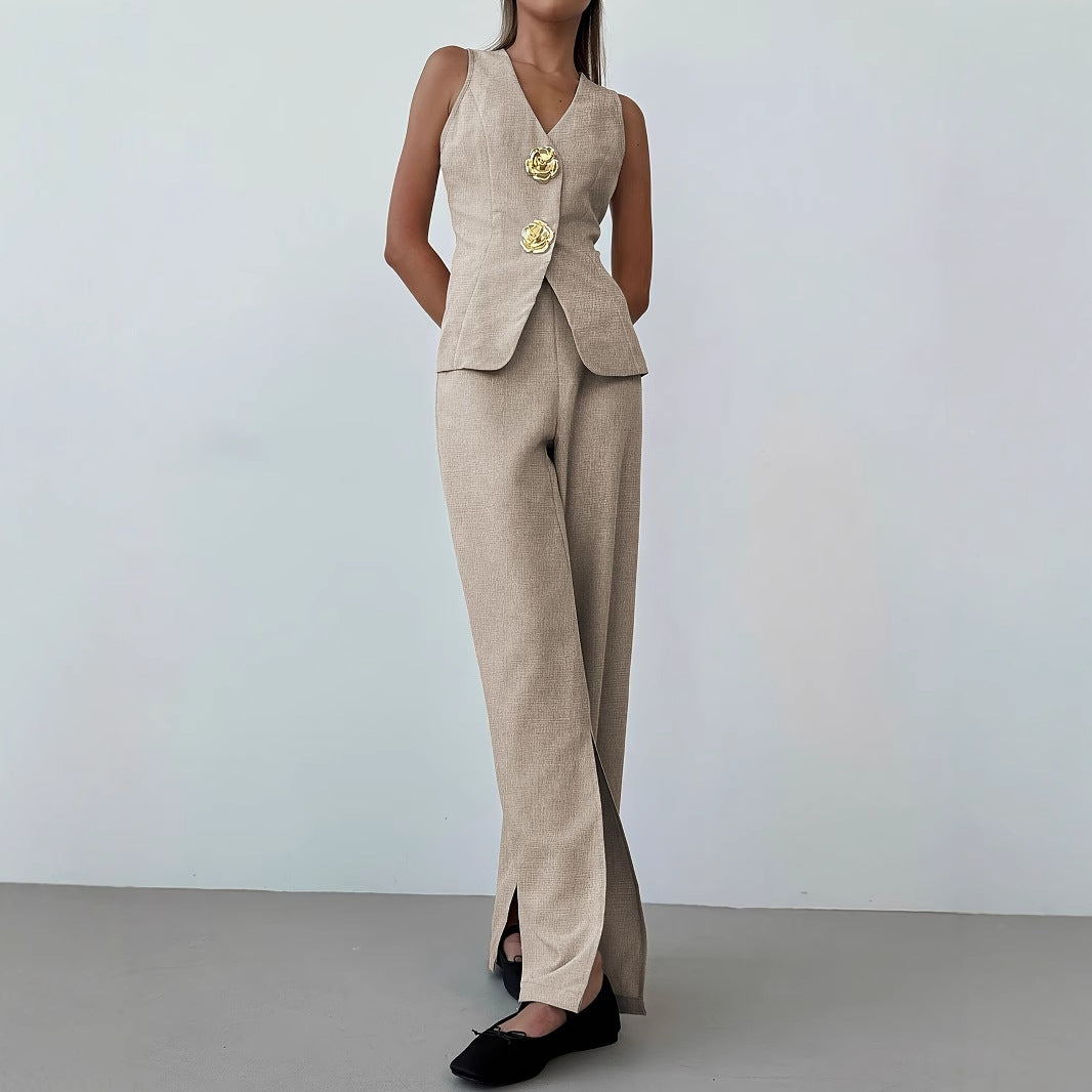 Breathable V-neck Sleeveless Split-front Wide-leg Pants Set