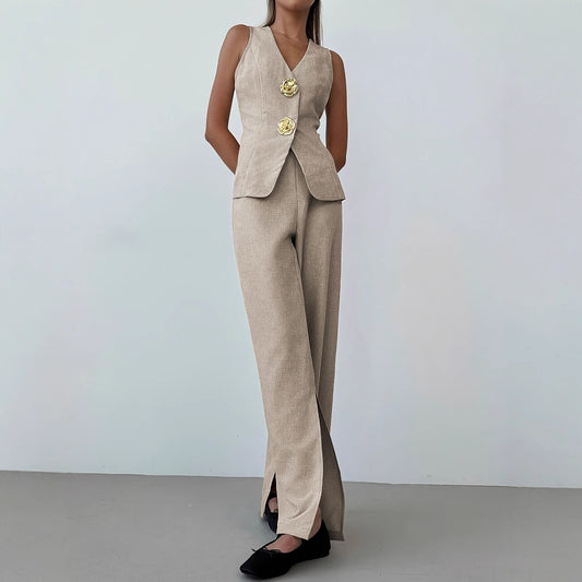 Breathable V-neck Sleeveless Split-front Wide-leg Pants Set