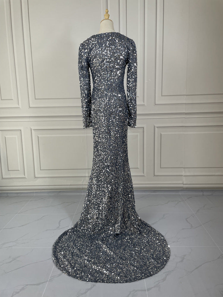 Long Sleeve Sequin Evening Dress