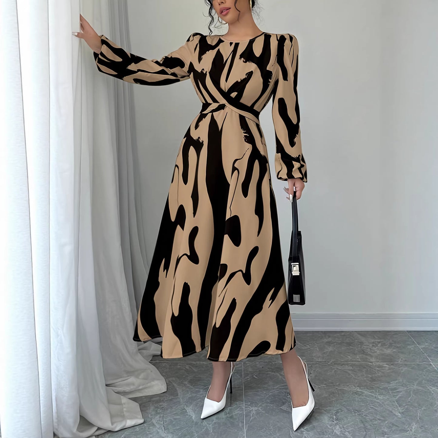 Asymmetrical Printed Tie Bow-Detailed Elastic-Cuff Casual Resort Maxi Dress