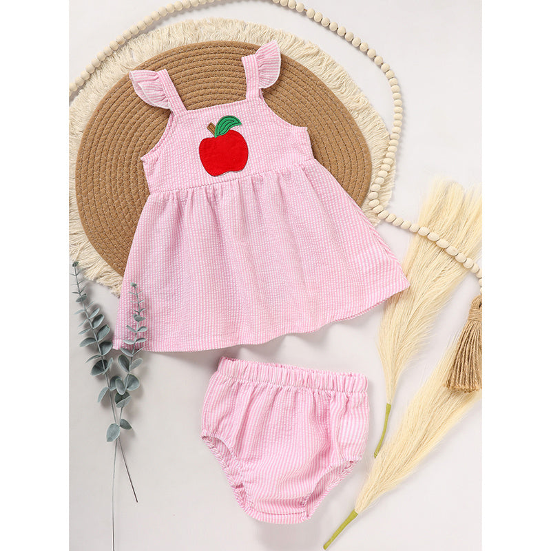 Kids Baby Girl Back To School Outfit, First Day Of School, Summer Ruffle Sleeves Applique Top & Shorts Set
