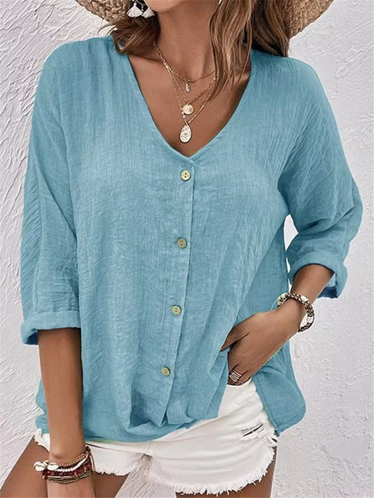 V-neck Long-sleeved T-shirt Fashion Solid Color Button Top Casual Loose