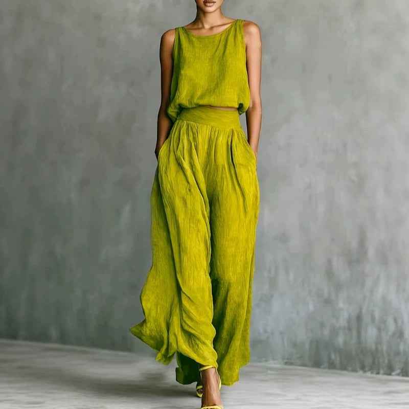 Sleeveless Loose Crew-Neck Top And Wide-Leg Pants Set