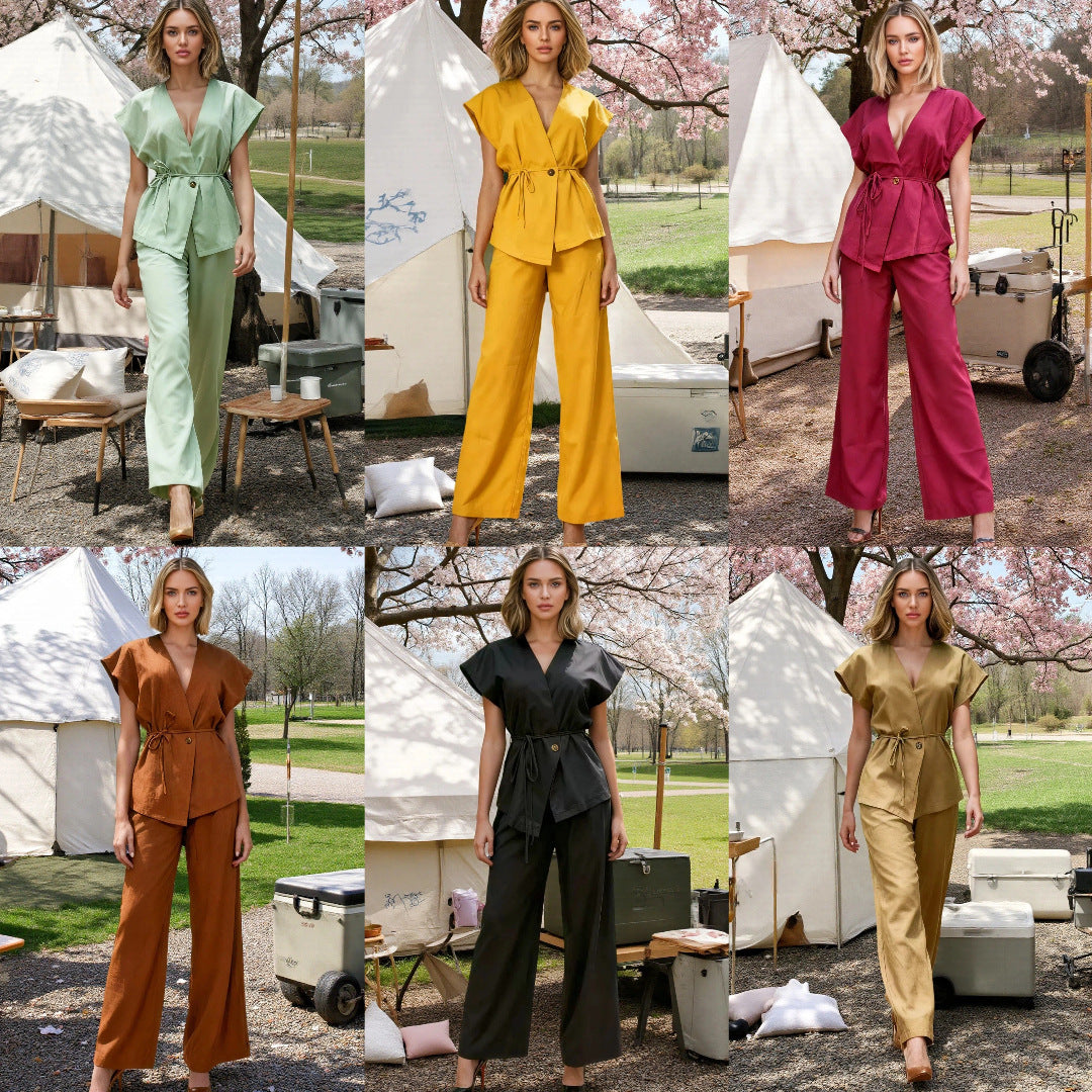 Casual Vest And Pants Set With Ties Solid Color