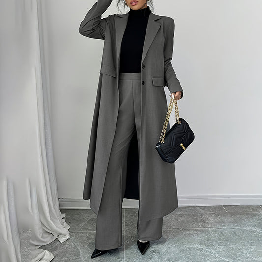 Women's 2 Piece Suit Set, Long Blazer Jacket And Straight Leg Pants, Business Formal Office Outfits