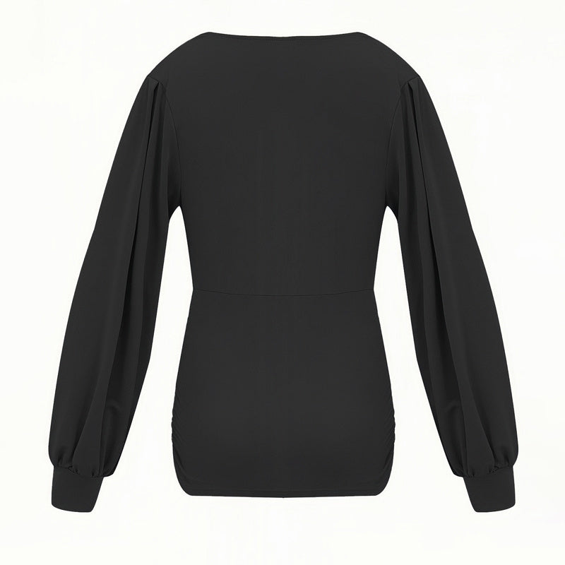 Women's Elegant Solid Color Deep V-Neck Long Sleeve Top With Draped Detail - Casual Pullover Blouse For Spring&Fall