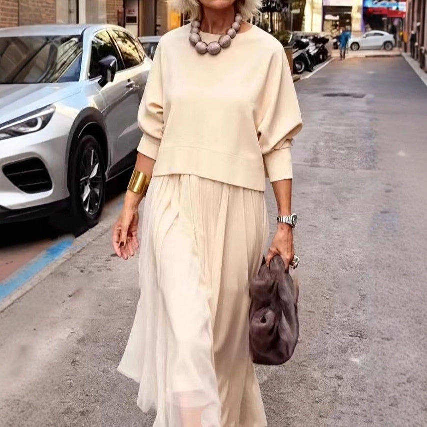 Solid-color Casual Knit Crew-neck Top And Mesh Slip Maxi Dress Two-piece Set