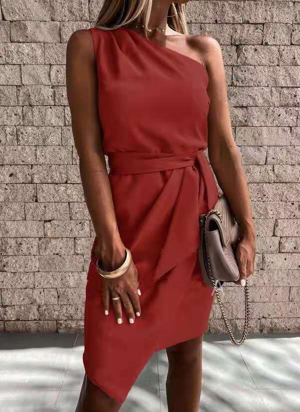 Sleeveless Slanted Shoulder Irregular Tie Party Dress