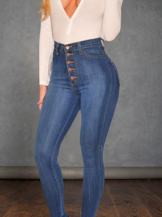 Mid Blue High Waisted Buckle Tight Jeans Are Comfortable To Wear. High Waist Design, Buckle Design Adds A Sense Of Fashion,
