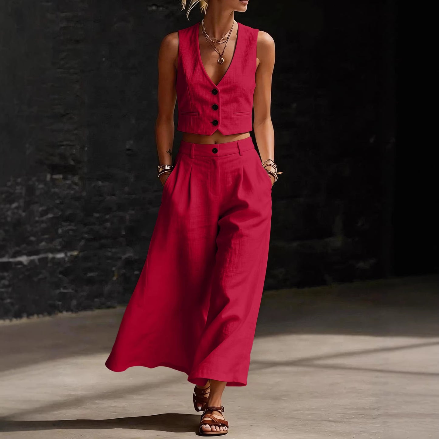 Short V-Neck Top And Wide-Leg Pants Set