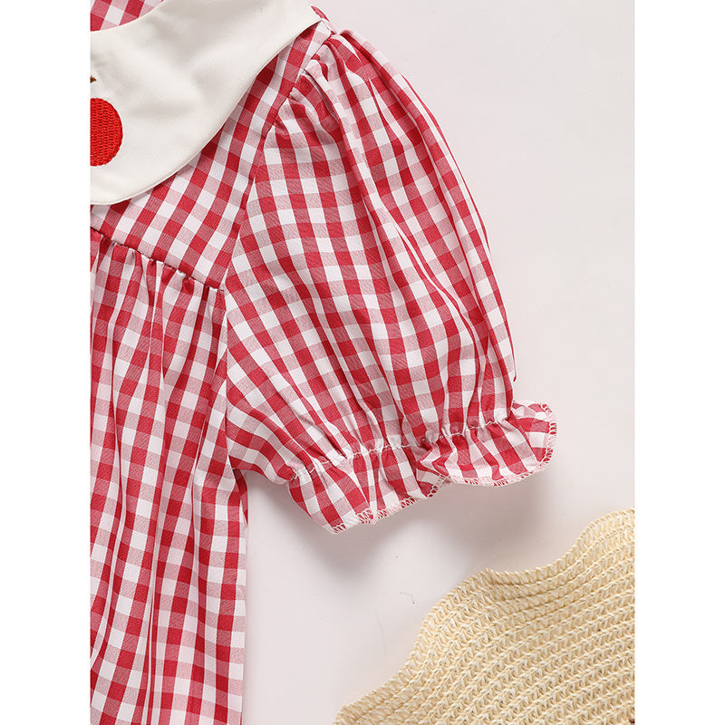 Toddler Kids Girls Back To School Dress Smocked Collar Puff Sleeve Plaid Embroidered Print Dress