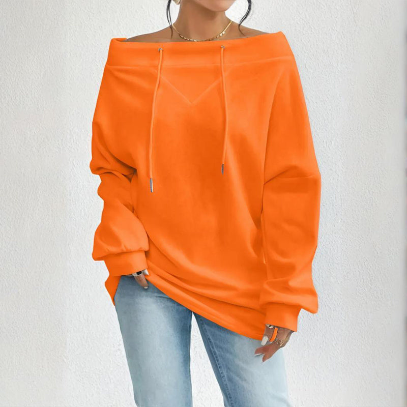 Plus Size Women's Solid Color Off-Shoulder Long Sleeve Pullover With Drawstring - Casual Ribbed Detail Top For Spring&Fall