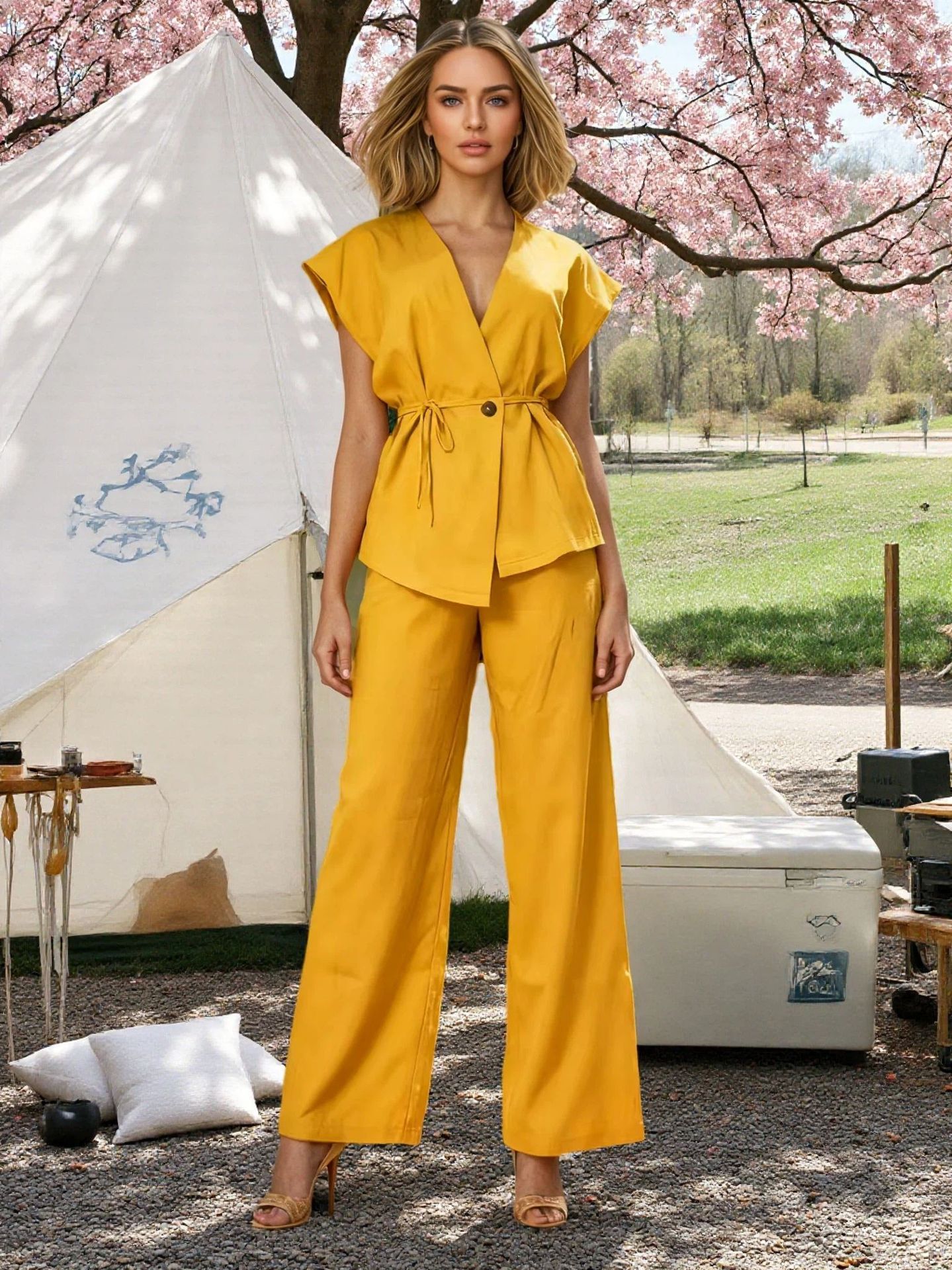 Casual Vest And Pants Set With Ties Solid Color