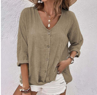 V-neck Long-sleeved T-shirt Fashion Solid Color Button Top Casual Loose