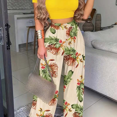 Printed Short Sleeve Top Pants Set