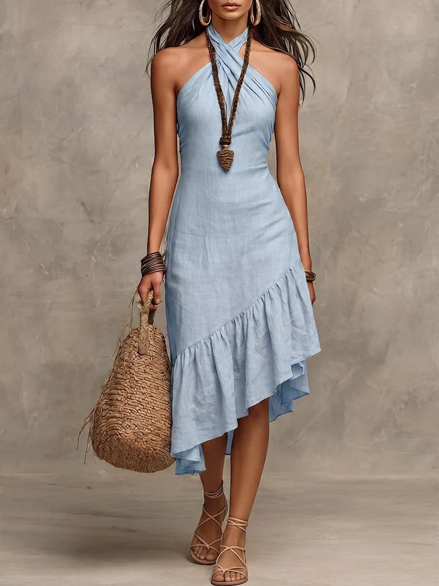 Neck-hanging Long Solid-color Sleeveless Dress