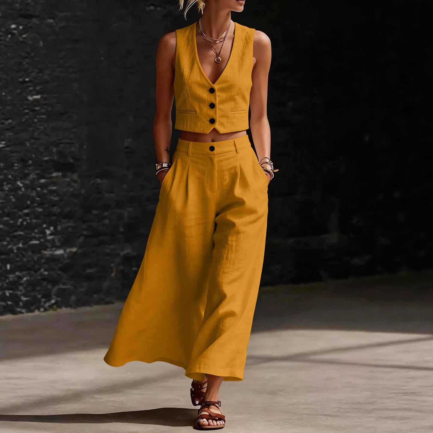 Short V-Neck Top And Wide-Leg Pants Set