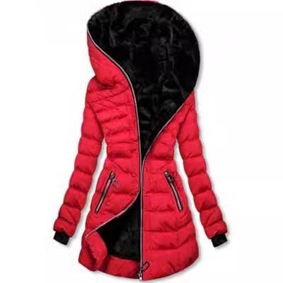 Hooded Warm Fleece Padded Jacket Mid-length Jacket Black Padded Jacket