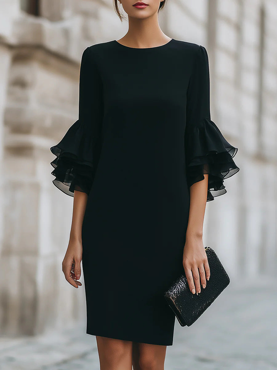 Solid-Colored Ruffle-Trim Flared-Sleeve Slim-Fit Dress