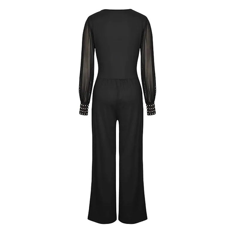 Women's Elegant V Neck Mesh Long Sleeve Loose Wide Leg Romper Party Jumpsuits With Rivet Cuffs