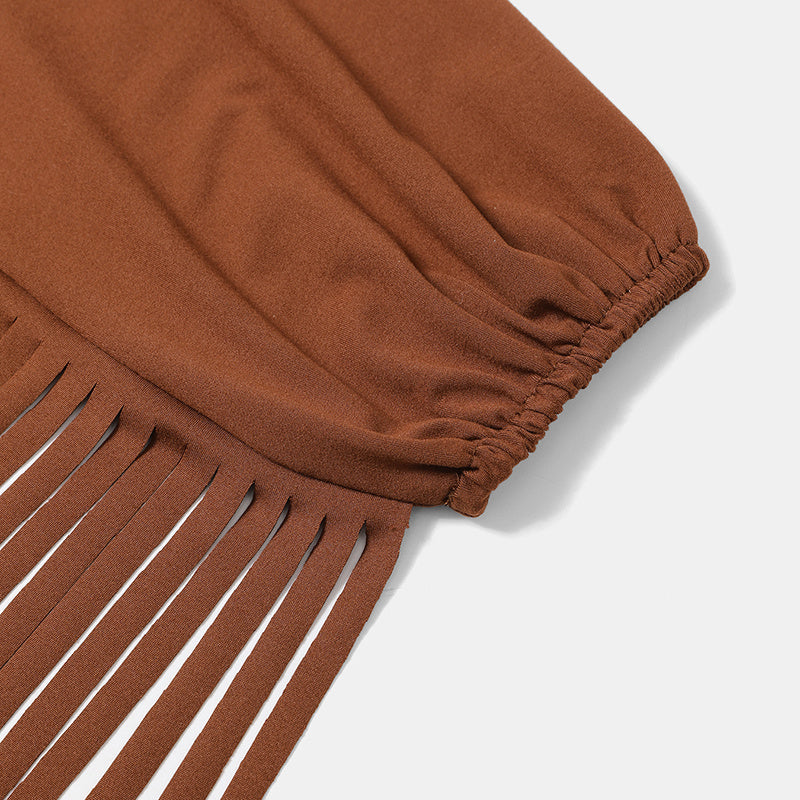 Women's Solid Color Western Cowgirl Style Off-Shoulder Fringe Top - Sexy Slim Fitted Long Sleeve Tassel Blouse