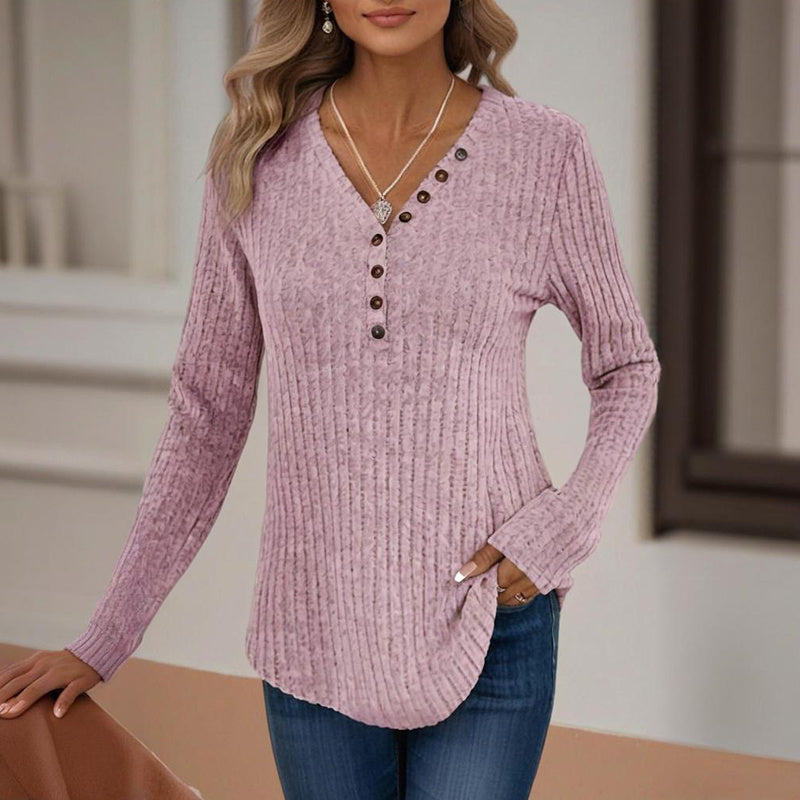 Women's Solid Color Button V-Neck Long Sleeve Knit Top - Casual Comfort Blouse For Spring&Fall