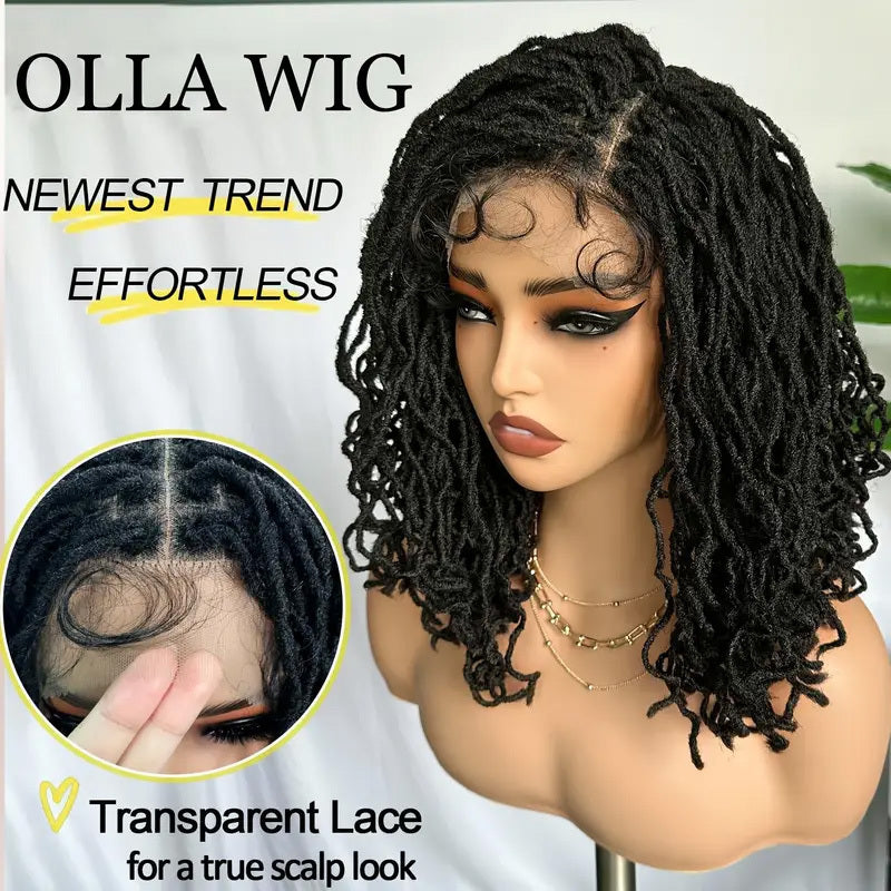 4x4 Lace Front Braided Wig Curly Mini Faux Locs Ombre Brown Ombre Blonde 14 Inch Shoulder Length Synthetic Lace Wig For Women