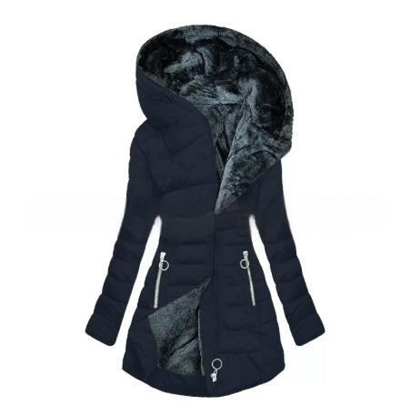 Plush Hooded Mid-length , Zipper Cotton-padded Coat