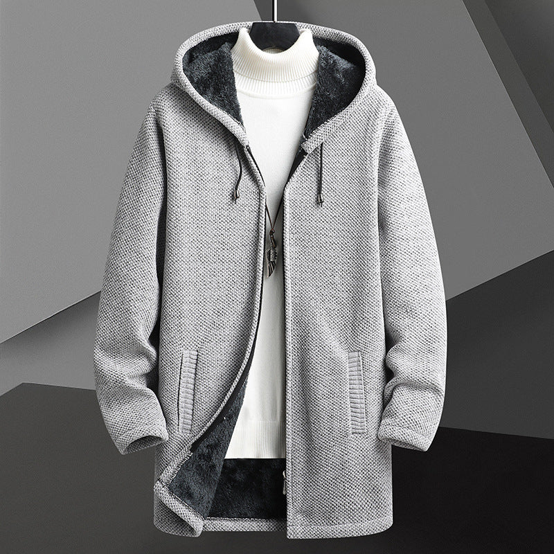 Fleece-lined Mid-length Zipper Hooded Sweater