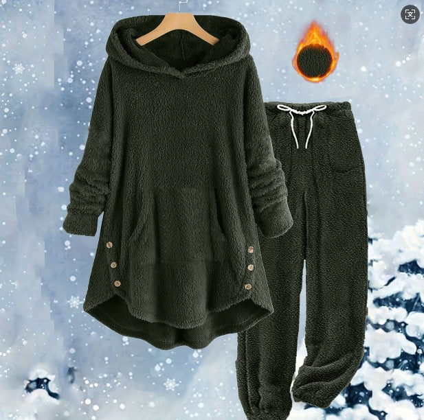 Solid-color Plush Hooded Long-sleeve Pants