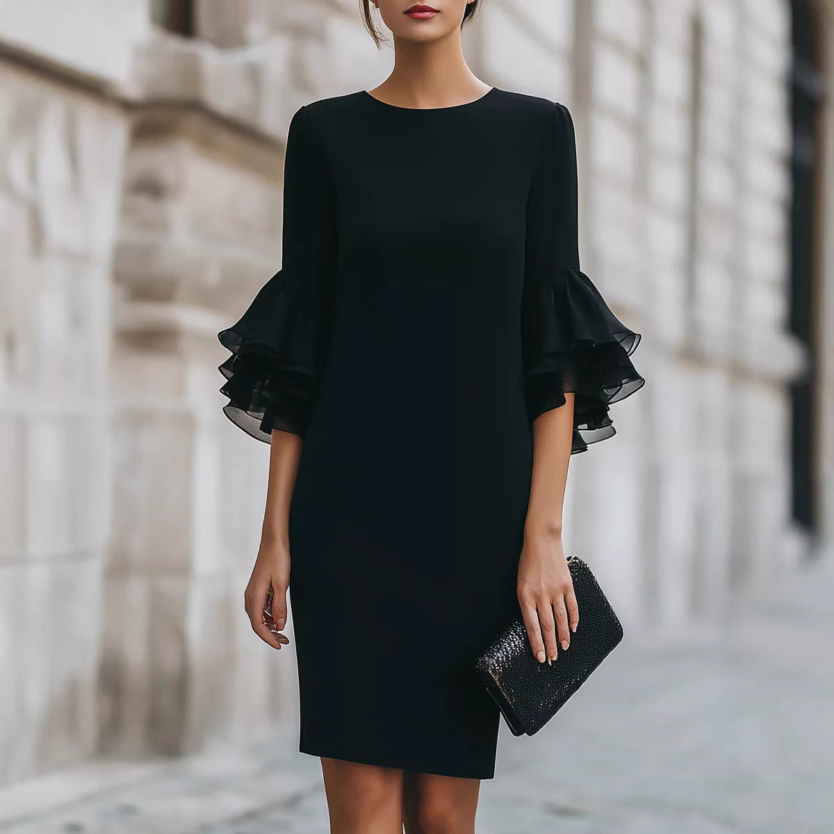 Solid-Colored Ruffle-Trim Flared-Sleeve Slim-Fit Dress