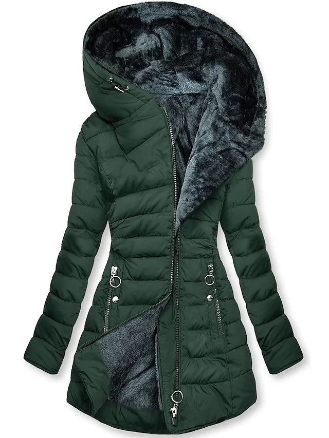 Plush Hooded Mid-length , Zipper Cotton-padded Coat