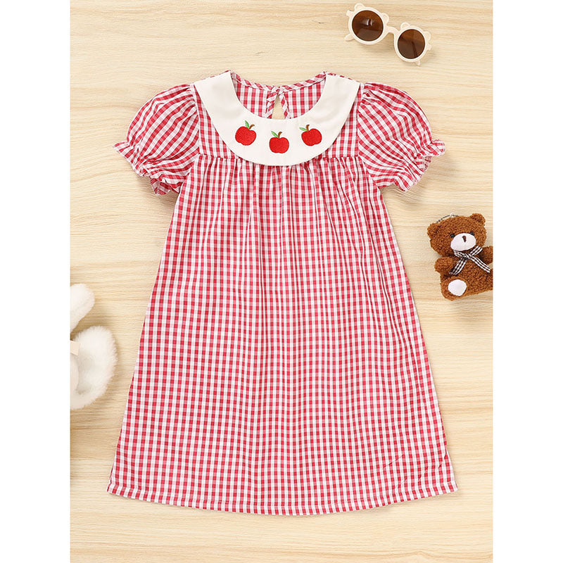 Toddler Kids Girls Back To School Dress Smocked Collar Puff Sleeve Plaid Embroidered Print Dress