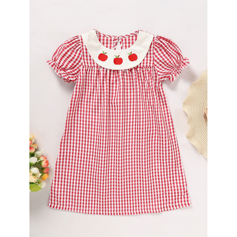 Toddler Kids Girls Back To School Dress Smocked Collar Puff Sleeve Plaid Embroidered Print Dress