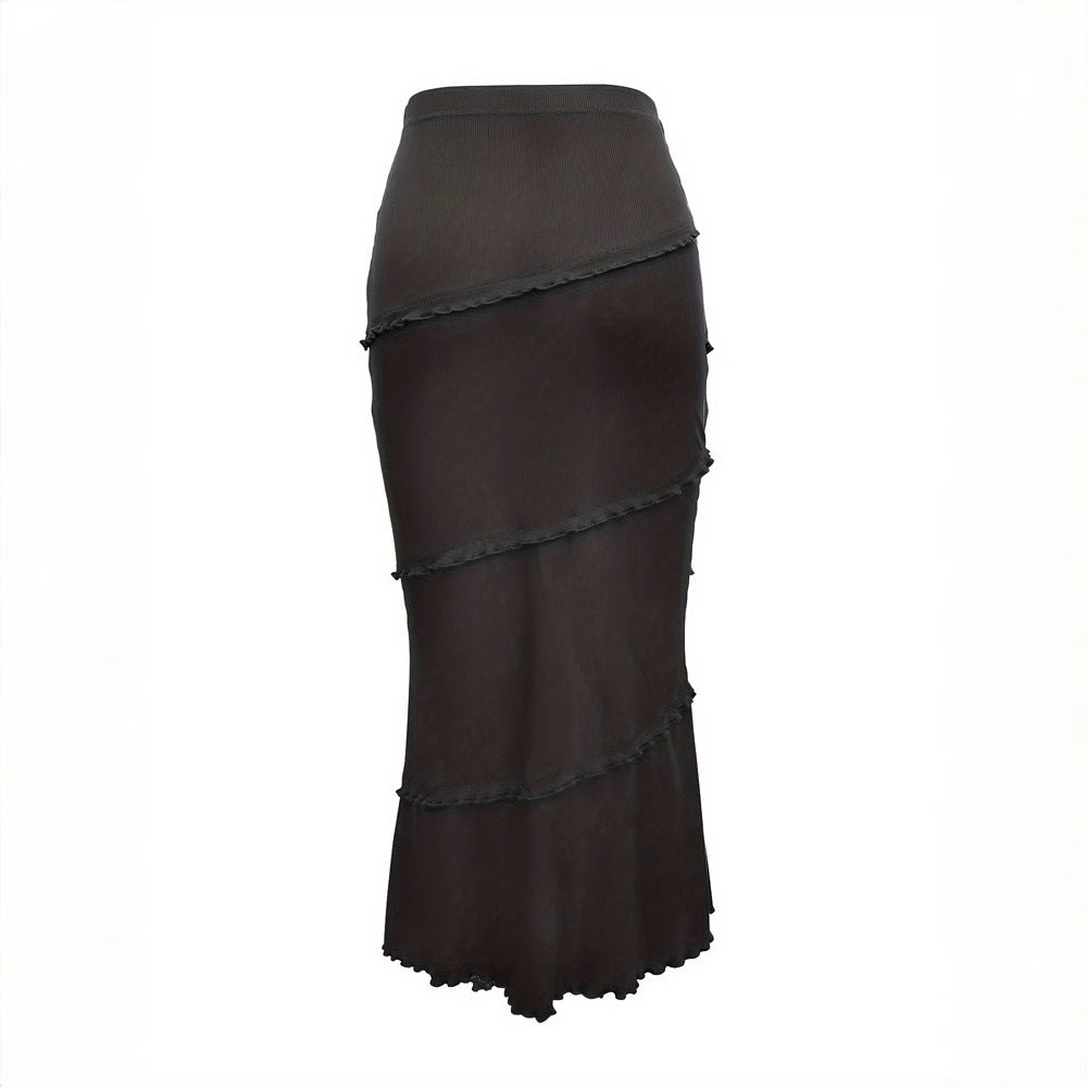 Solid-Color Multi-Layer Patchwork Ruffle-Trim Knitted Fishtail Skirt