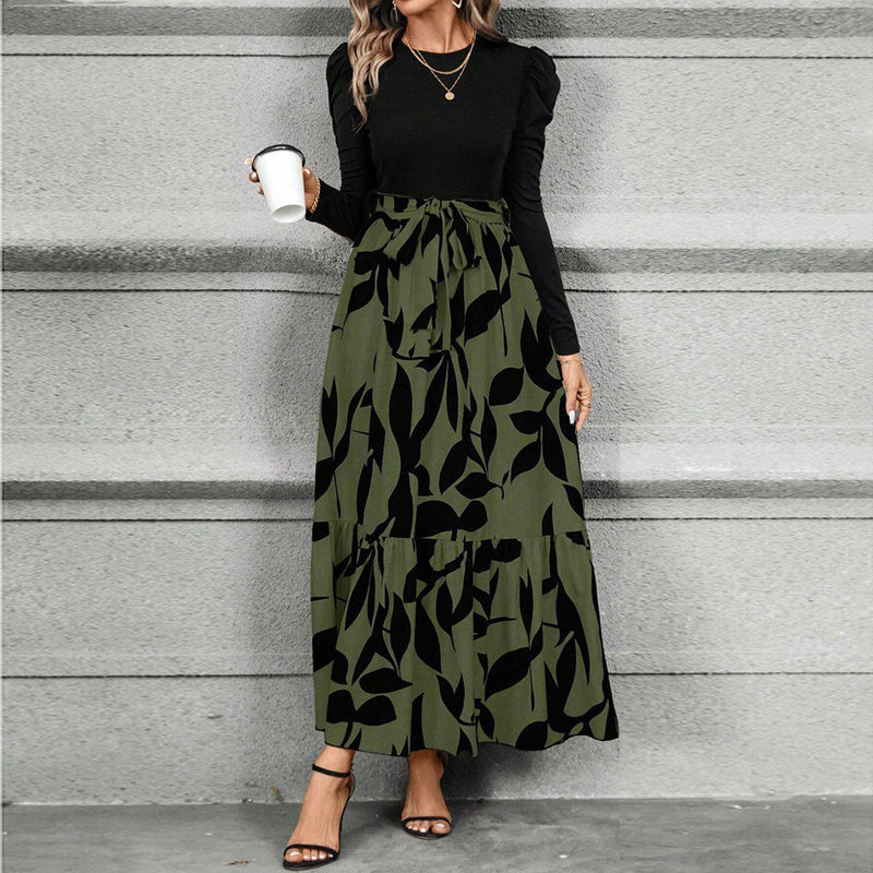 Women's Round Neck Long Sleeve Dress, Patchwork Print & Pleated Maxi Dress With Waist Bow For Spring & Fall