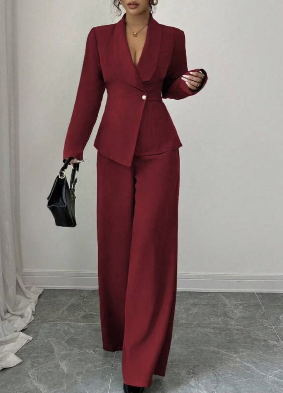 Solid-color Long-sleeve Straight-leg Pants Set