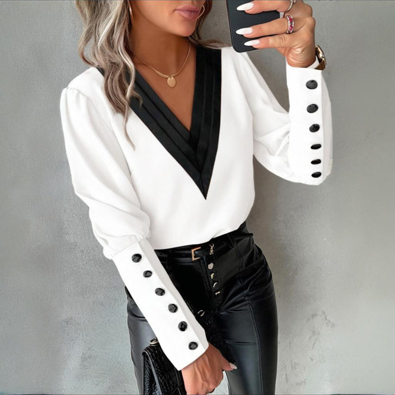 Women's V-Neck Contrast Trim Long Sleeve Blouse With Button Cuff Detail - Casual Comfort Top For Spring&Fall