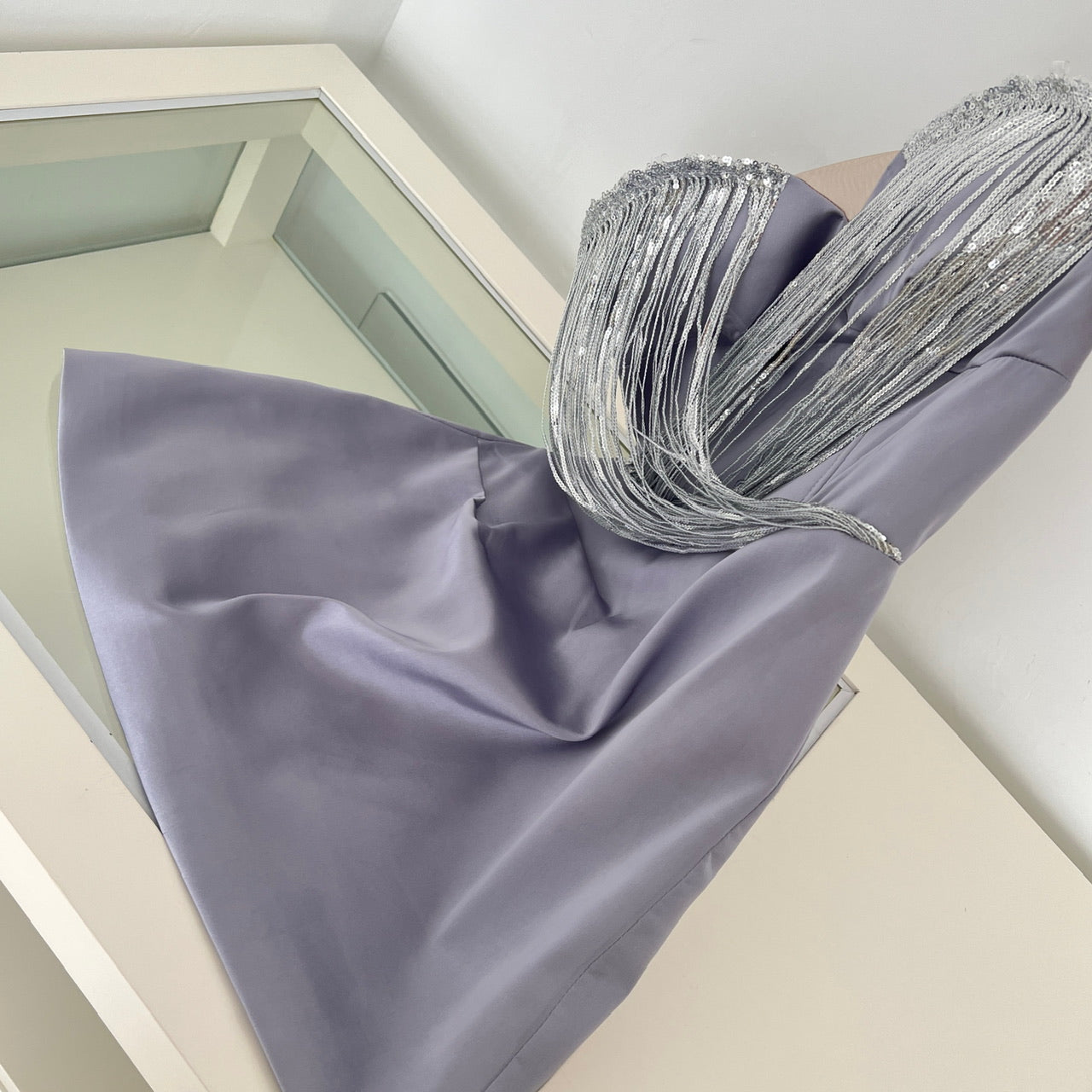 Silver Shimmer  Strapless Paneled Lavender Satin Ball Bridesmaid Bodycon Dress
