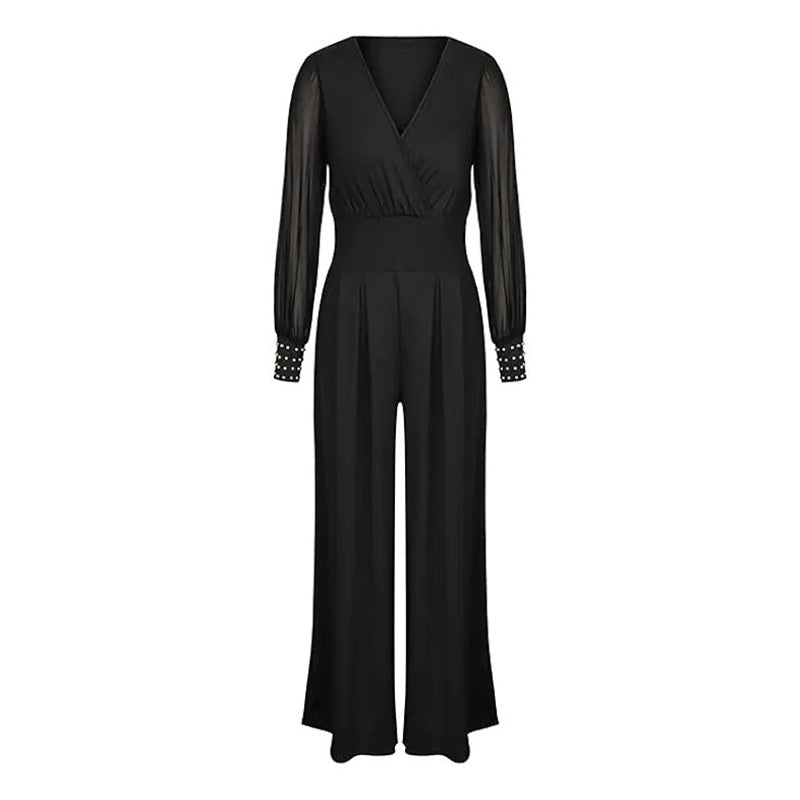 Women's Elegant V Neck Mesh Long Sleeve Loose Wide Leg Romper Party Jumpsuits With Rivet Cuffs