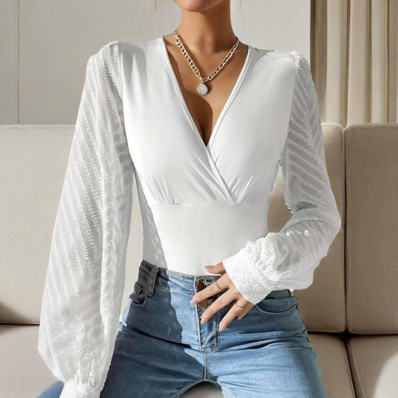 Women's Criss-Cross Deep V-Neck Chiffon Long Sleeve Top - Elegant Blouse With Semi-transparent Sleeve For Spring&Fall