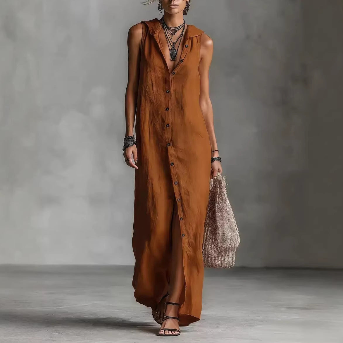 Sleeveless Hooded Maxi Dress With Button Placket