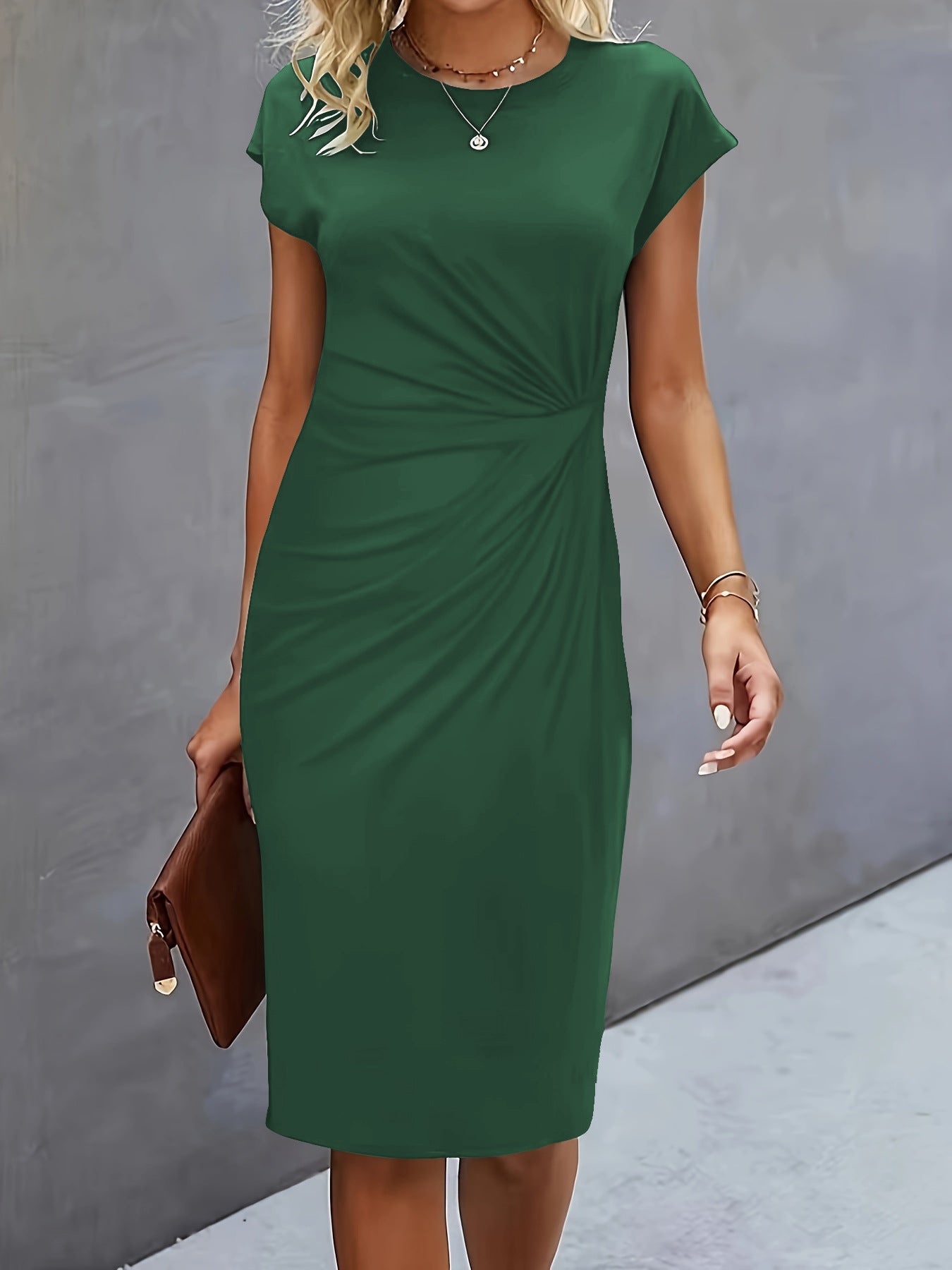 Casual Tight Front Knot Round Neck Mid-length Dress